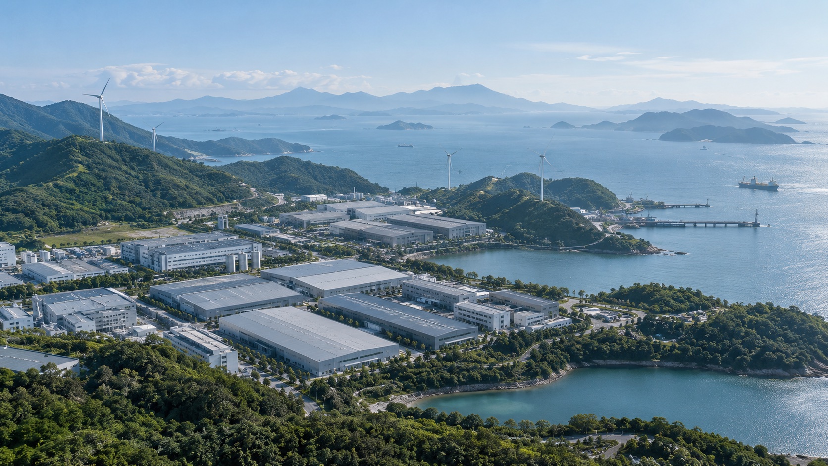 Artist’s impression of a coastal industrial campus, green hills, renewable energy and connected transport routes